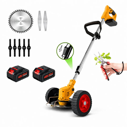 Motocoasă Electrică cu 2 Acumulatori 48V 4000 mAh, 18000 RPM, cu Roți Detasabile, Disc + 2 Lame + 5 Palete Incluse – Trimmer Profesional Iarbă și Buruieni