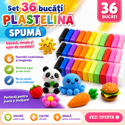 Set 36 Bucati Plastelină Inteligentă Tip Spumă, Multicoloră, Ușor de Modelat