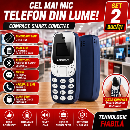 Set 2 Mini Telefoane Dual SIM Bluetooth – Cel Mai Mic Telefon din Lume, Compact și Ușor de Transportat