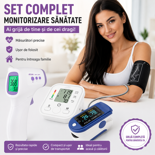 Set Complet Monitorizare Sanatate – Tensiometru Brat + Termometru Frontal + Pulsoximetru