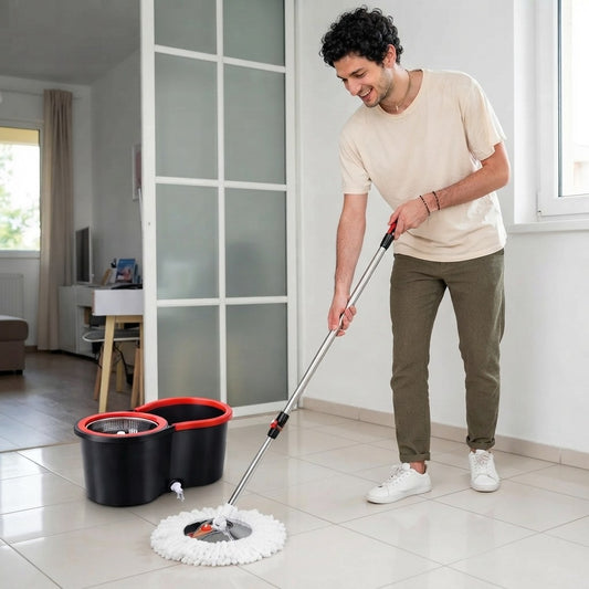 Set Mop Rotativ 360° cu Galeata Dubla, Maner Inox si 5 Rezerve Microfibra