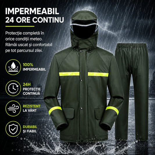 Costum Impermeabil Ploaie Profesional, Set Geaca si Pantaloni, Cu Gluga, Respirabil, Reflectorizant, Protectie Completa Exterior-Marime Universala