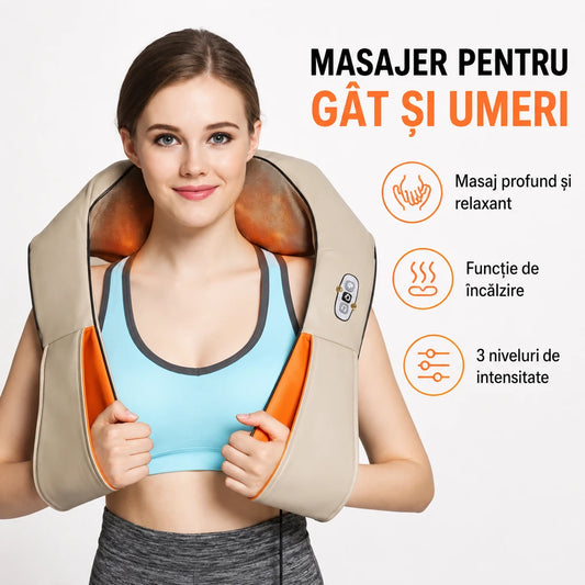 Aparat Profesional de Masaj pentru Gât și Umeri cu Încălzire, 8 Capete Shiatsu, 3 Intensități, Adaptor Auto și Priză Inclus, Bej