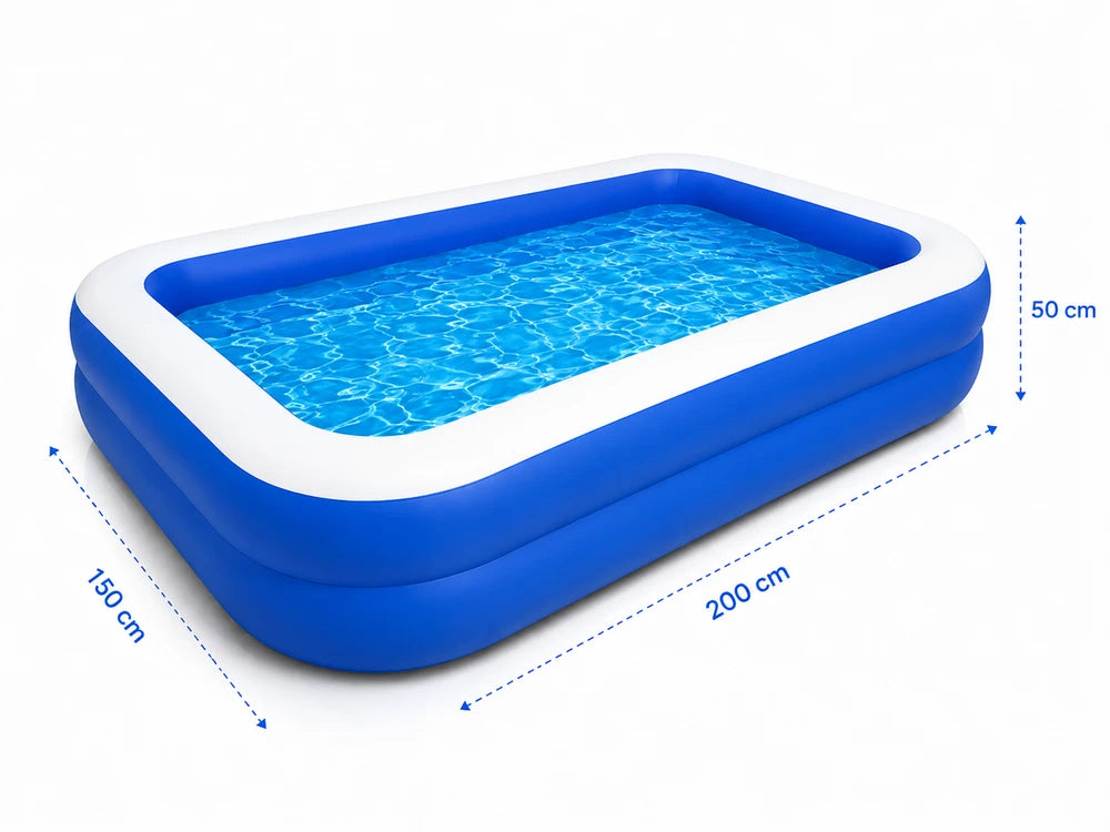 Piscina gonflabila familiala 200x150x50 cm cu pompa de umflare cadou, PVC rezistent, 2 inele de aer