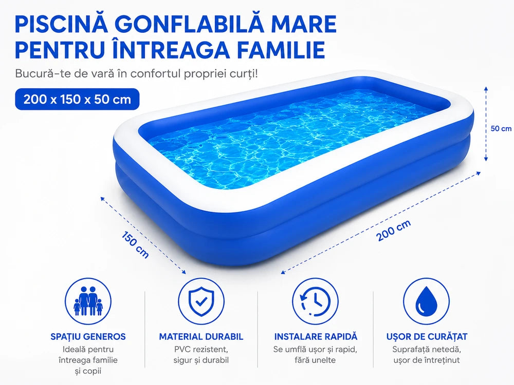 Piscina gonflabila familiala 200x150x50 cm cu pompa de umflare cadou, PVC rezistent, 2 inele de aer