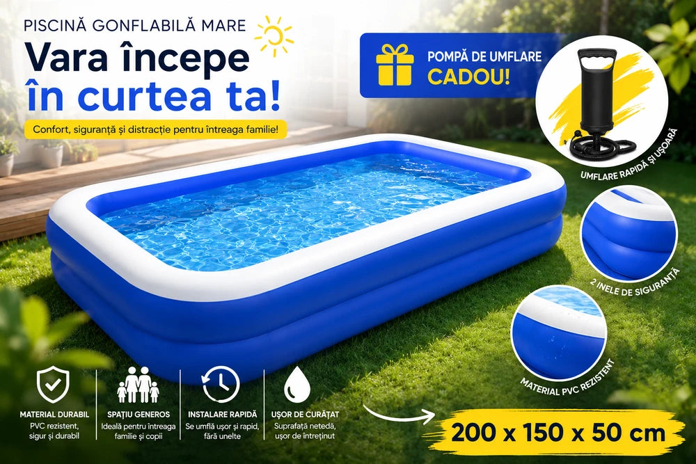 Piscina gonflabila familiala 200x150x50 cm cu pompa de umflare cadou, PVC rezistent, 2 inele de aer
