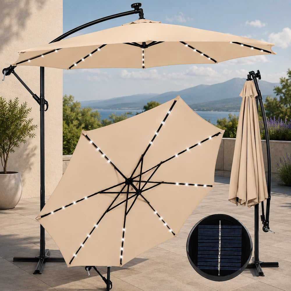 Umbrela Solara de Gradina 305 cm cu 24 LED, Inclinare Reglabila, Impermeabila, Bej