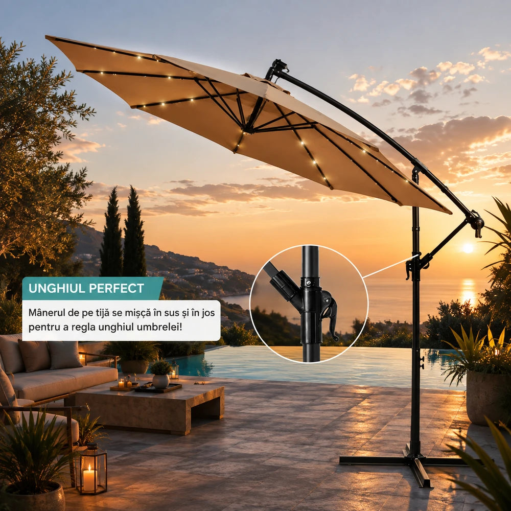 Umbrela Solara de Gradina 305 cm cu 24 LED, Inclinare Reglabila, Impermeabila, Bej