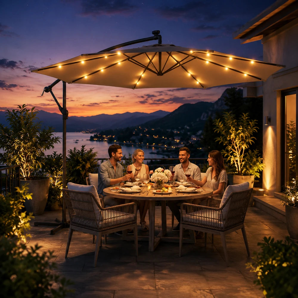 Umbrela Solara de Gradina 305 cm cu 24 LED, Inclinare Reglabila, Impermeabila, Bej