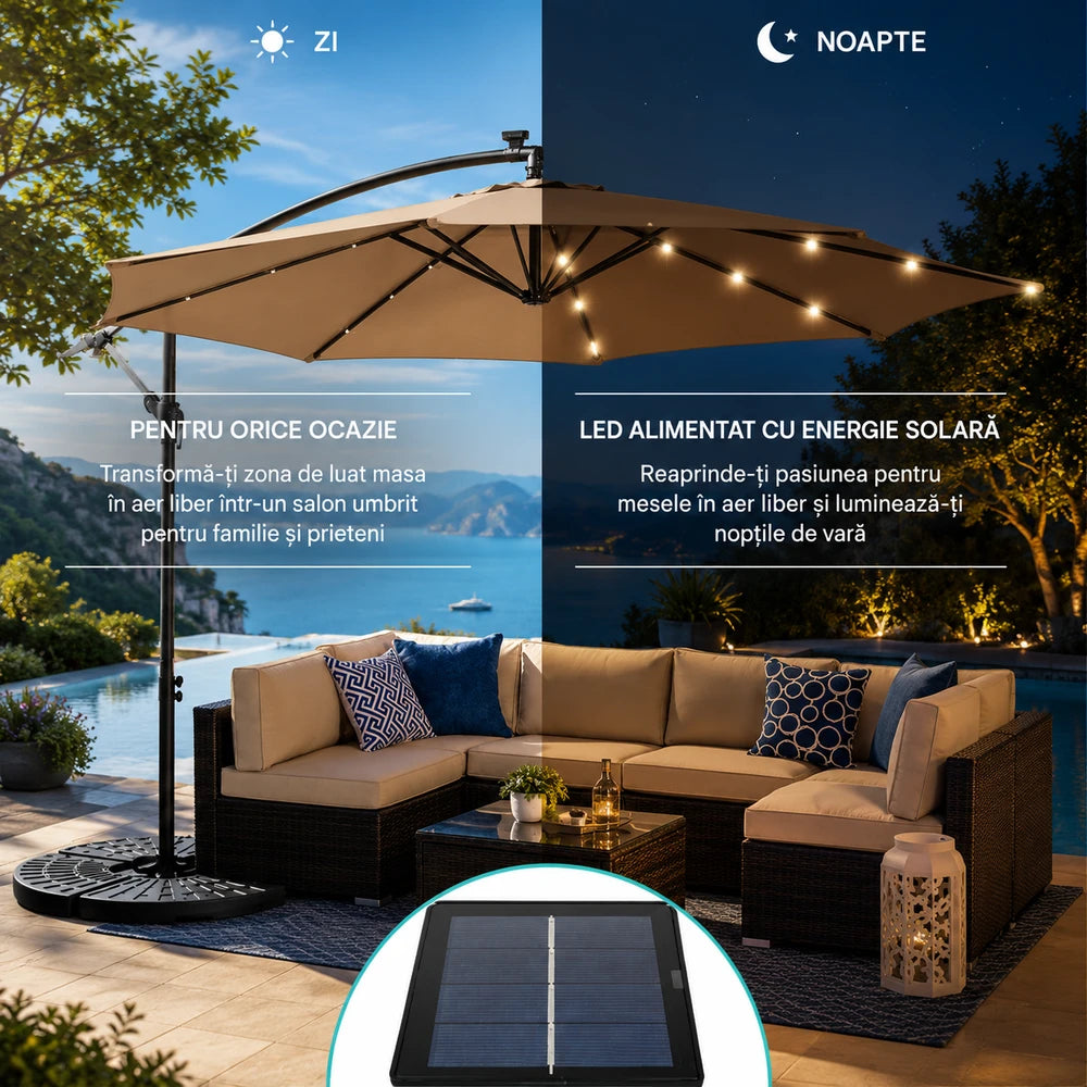Umbrela Solara de Gradina 305 cm cu 24 LED, Inclinare Reglabila, Impermeabila, Bej