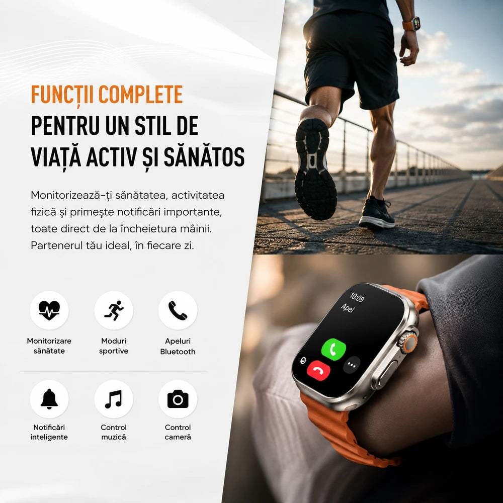 Ceas Smart Ultra cu 3 Curele – Apeluri Bluetooth, Monitorizare Activitate, Moduri Sport, IP65