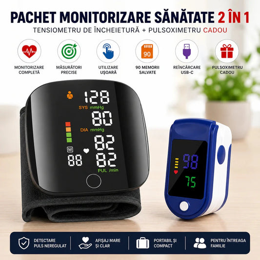 Pachet Monitorizare Sanatate 2 in 1 Tensiometru Digital de Incheietura + Pulsoximetru OLED