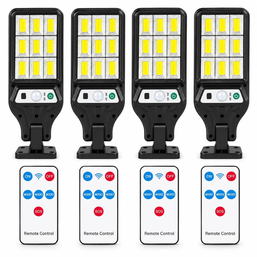 Set 4 Lămpi Solare LED cu Senzor de Mișcare, 60 LED, 800 lm, 3 Moduri, Telecomenzi
