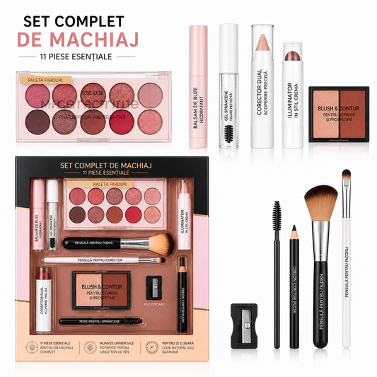 Set Machiaj Complet HANDAIYAN 11 Produse Profesionale pentru Machiaj de Zi și Seară | Paletă Farduri, Mascara, Corector, Ruj și Accesorii