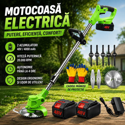 Motocoasă Electrică cu Acumulator 48V 4000 mAh, 20.000 RPM, Braț Reglabil, Autonomie 4 Ore + CADOU Mănuși Protecție