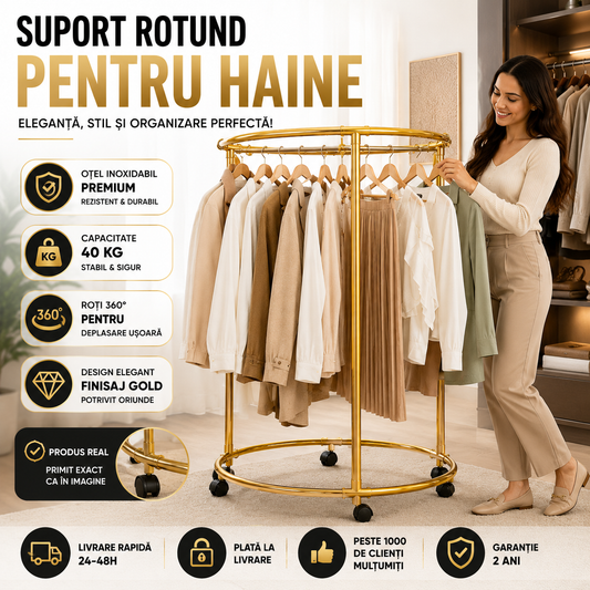 Suport Rotund pentru Haine din Otel Inoxidabil cu Roti, Finisaj Gold, Capacitate 40 kg