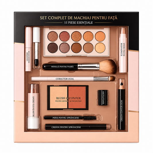 Set Machiaj Complet HANDAIYAN 11 Produse Profesionale pentru Machiaj de Zi și Seară | Paletă Farduri, Mascara, Corector, Ruj și Accesorii