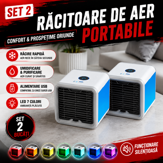 Set 2 Bucăți Mini Răcitor de Aer Portabil Arctic Air Cooler, Umidificare și Purificare Aer, Alimentare USB, LED 7 Culori