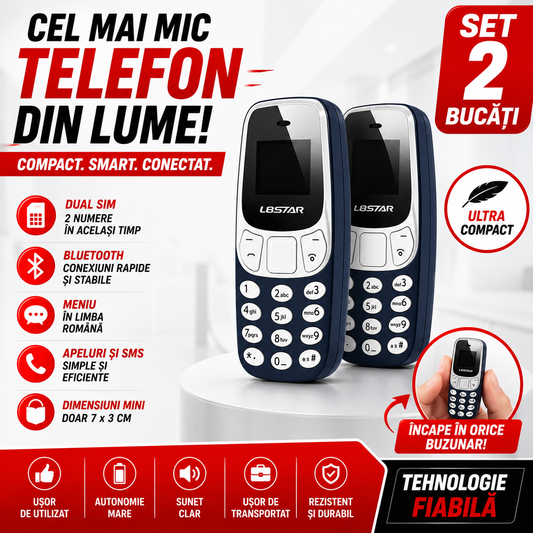 Set 2 Mini Telefoane Dual SIM Bluetooth – Cel Mai Mic Telefon din Lume, Compact și Ușor de Transportat