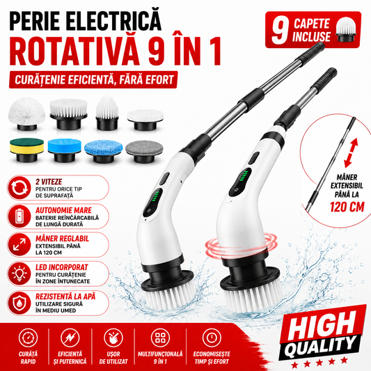 Perie Electrica Rotativa 9 in 1 cu 9 Capete, 2 Viteze, Maner Reglabil, Autonomie Mare, LED