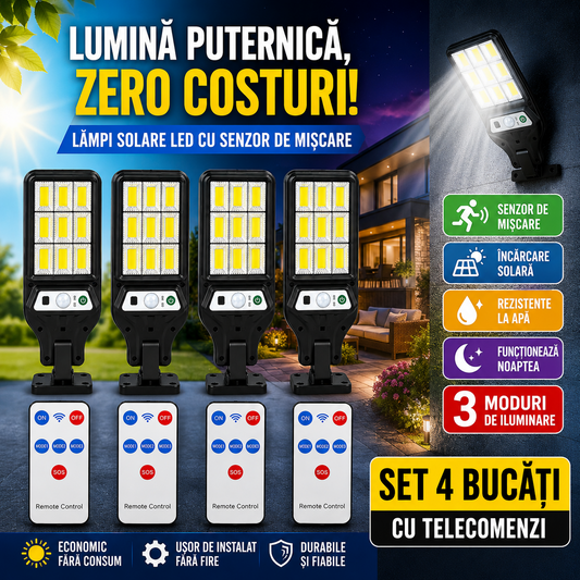 Set 4 Lămpi Solare LED cu Senzor de Mișcare, 60 LED, 800 lm, 3 Moduri, Telecomenzi