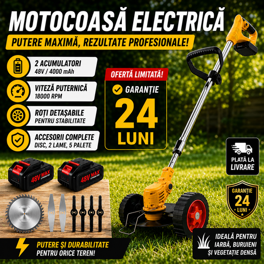 Motocoasă Electrică cu 2 Acumulatori 48V 4000 mAh, 18000 RPM, cu Roți Detasabile, Disc + 2 Lame + 5 Palete Incluse – Trimmer Profesional Iarbă și Buruieni