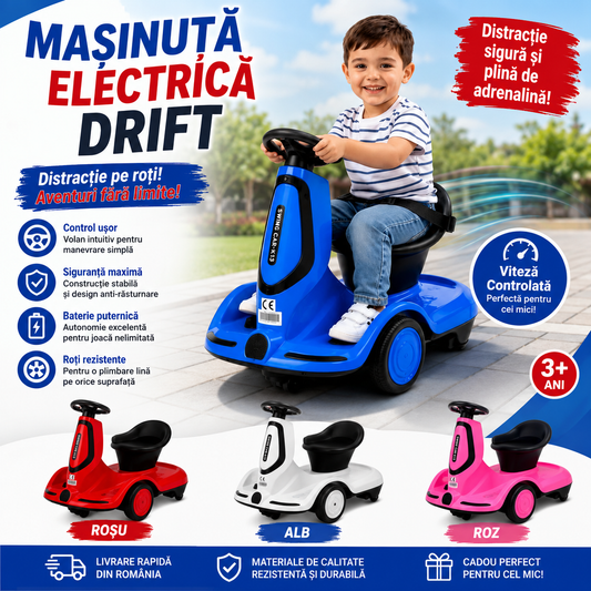 Mașinuță Electrică Drift pentru Copii cu Pedală de Accelerație și Telecomandă, 4 Culori Disponibile, Lumini LED, Acumulator Reîncărcabil