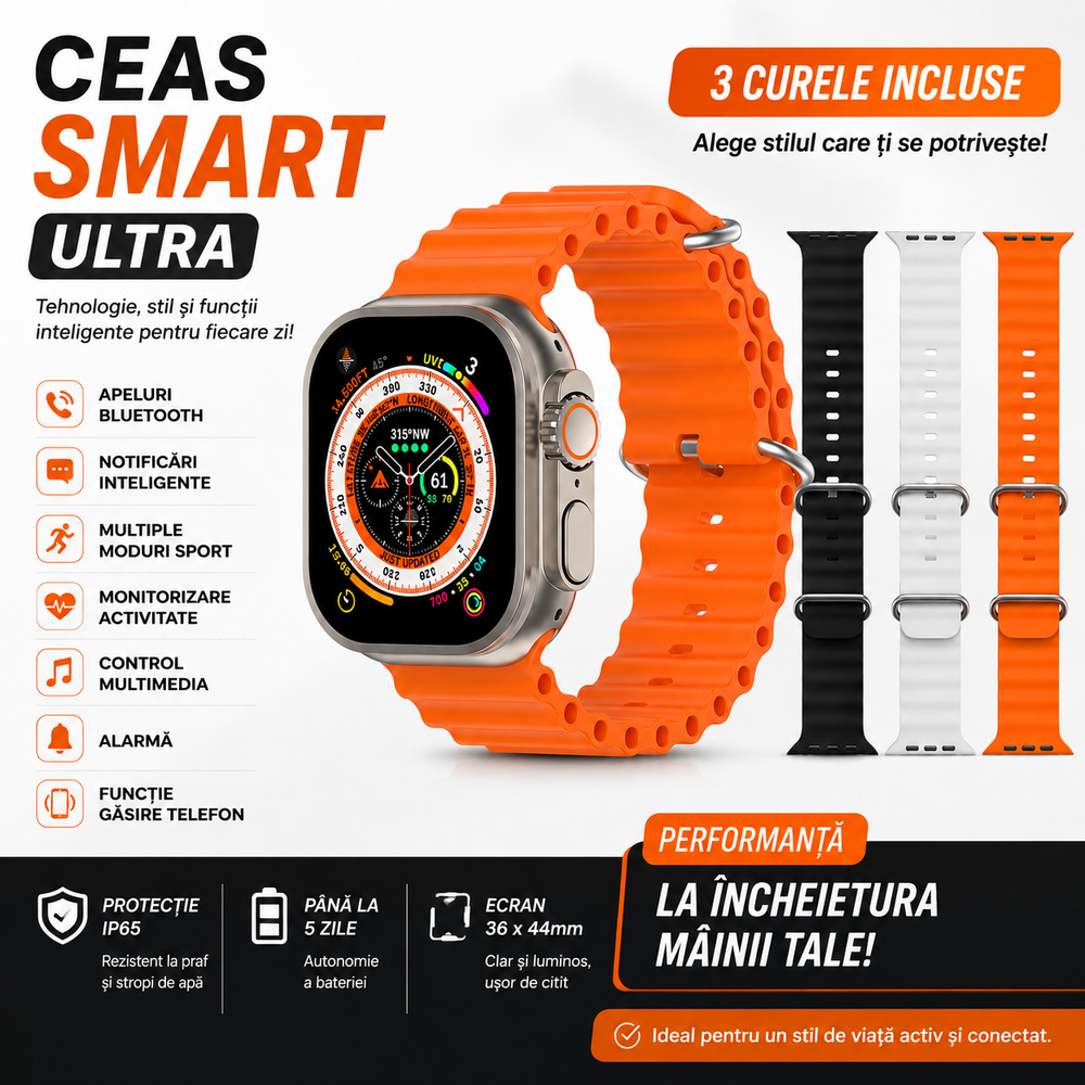 Ceas Smart Ultra cu 3 Curele – Apeluri Bluetooth, Monitorizare Activitate, Moduri Sport, IP65