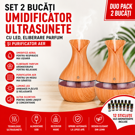 Set 2 Bucati – Umidificator Ultrasunete cu LED, Eliberare Parfum si Purificator Aer, Lemn + 12 sticlute ulei aromaterapie