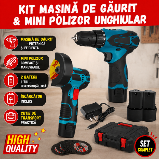 Kit Masina de gaurit cu impact 48 V+ Mini polizor unghiular, 2 baterii si husa, 5 Discuri