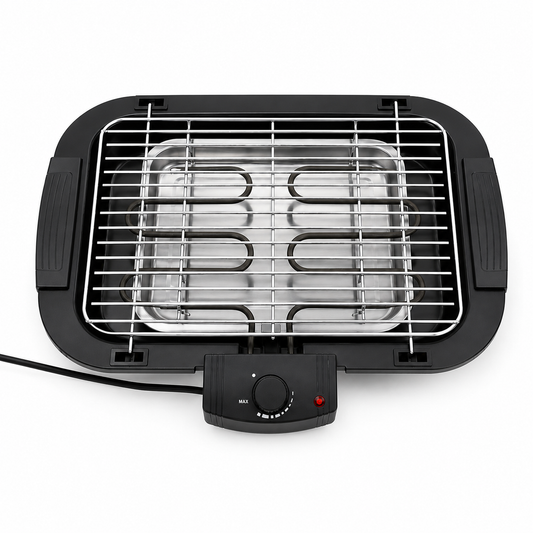 Gratar Electric 2000W, Termostat Reglabil, Grill Portabil pentru Interior si Exterior, Suprafata Mare de Gatire, Incalzire Rapida, Negru